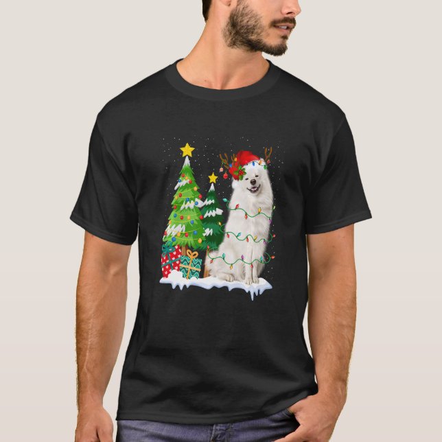 American Eskimo Dog Santa Hat Reindeer Christmas L T-Shirt (Front)