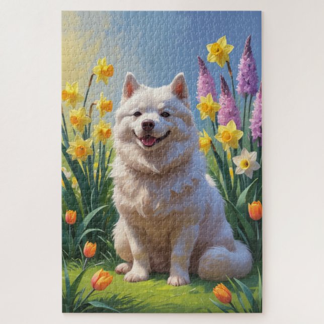 American Eskimo Dog Spring Flowers Painting Jigsaw Puzzle (Vertical)