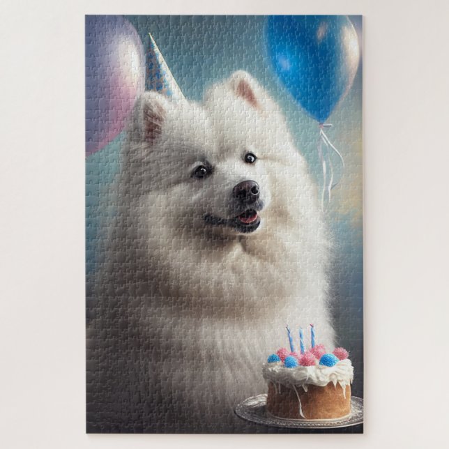 American eskimo dog with balloons birthday jigsaw puzzle (Vertical)