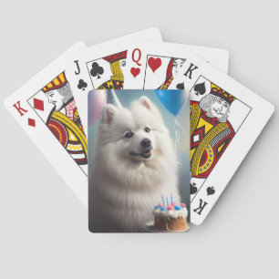 American eskimo dog with balloons birthday playing cards