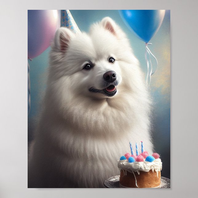 American eskimo dog with balloons birthday poster (Front)