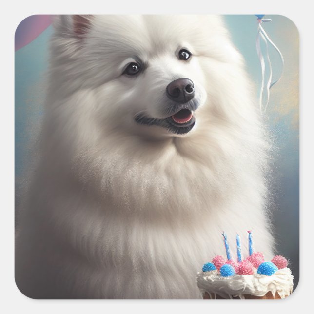 American eskimo dog with balloons birthday square sticker (Front)