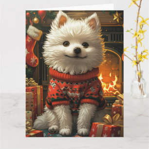 American Eskimo Dog With Christmas Gifts Fireplace Card