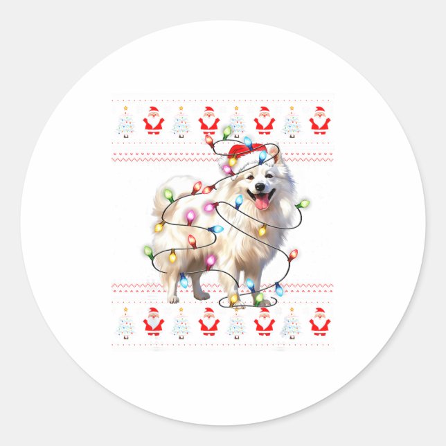 American Eskimo Dog Xmas Lights Ugly Sweater Chris Classic Round Sticker (Front)
