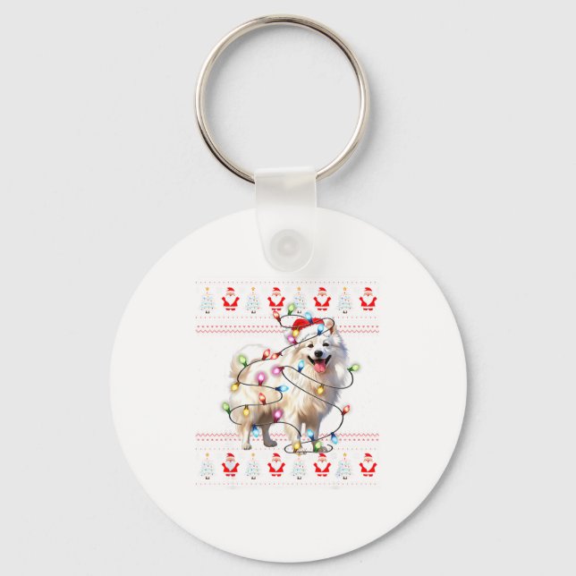 American Eskimo Dog Xmas Lights Ugly Sweater Chris Keychain (Front)