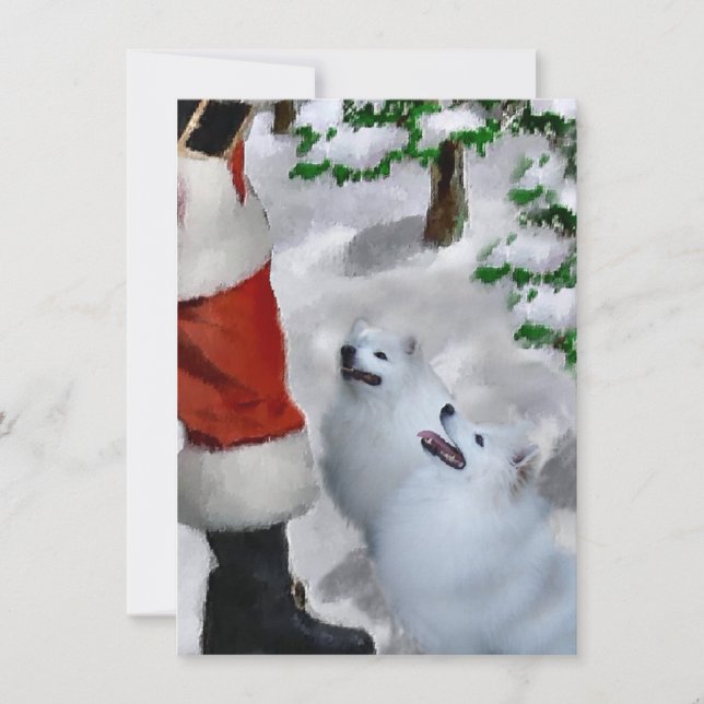 American Eskimo Dogs Meet Santa Christmas Card (Front)