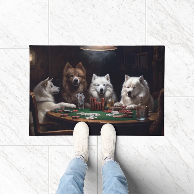 American Eskimo Dogs Playing Poker Art Doormat (Indoor)