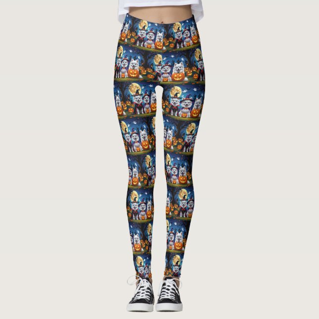 American Eskimo Dogs Pumpkin Halloween Funny Leggings (Front)