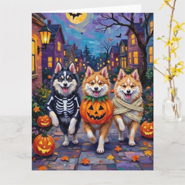 American Eskimo Dogs Trick-or-Treating Halloween Card (Yellow Flower)