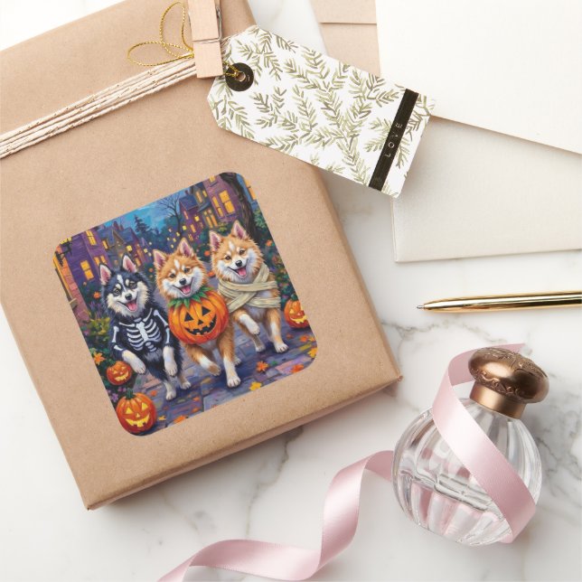 American Eskimo Dogs Trick-or-Treating Halloween Square Sticker (Gifting)
