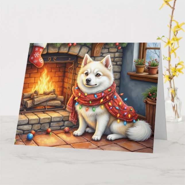 American Eskimo Fireplace with Christmas Lights Card (Yellow Flower)