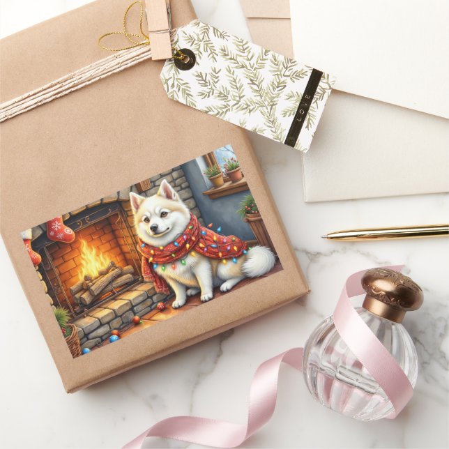 American Eskimo Fireplace with Christmas Lights Sticker (Gifting)