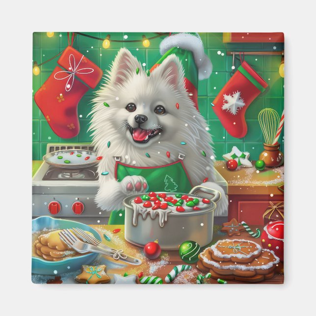 American Eskimo Holiday Baking: Festive Christmas Magnet (Front)