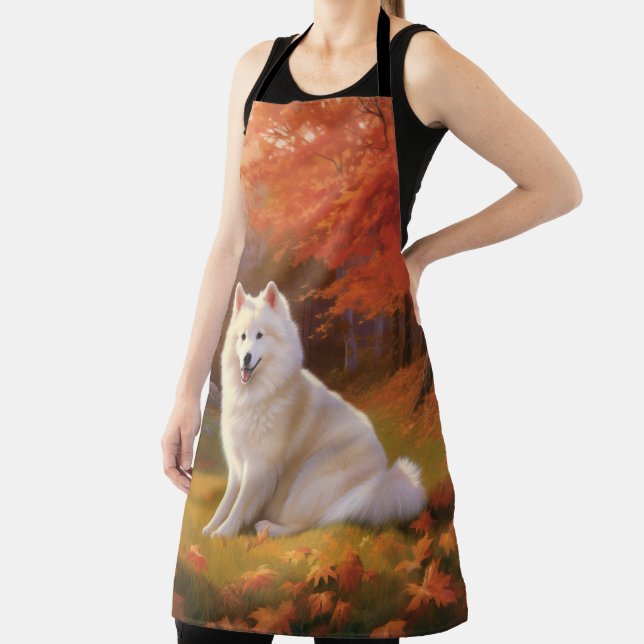 American Eskimo in Autumn Leaves Fall Inspired Apron (Insitu)