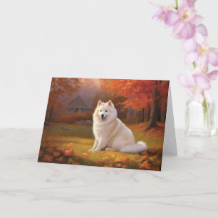 American Eskimo in Autumn Leaves Fall Inspired Card