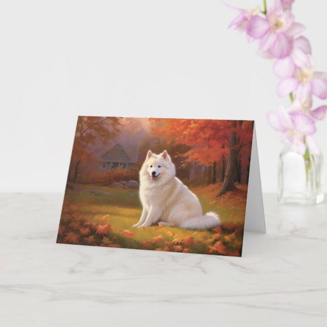American Eskimo in Autumn Leaves Fall Inspired Card (Orchid)