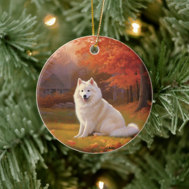 American Eskimo in Autumn Leaves Fall Inspired Ceramic Ornament (Tree)