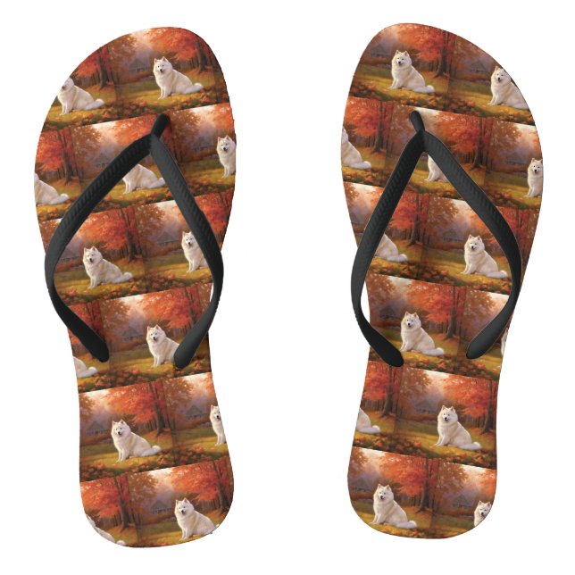 American Eskimo in Autumn Leaves Fall Inspired Flip Flops (Footbed)
