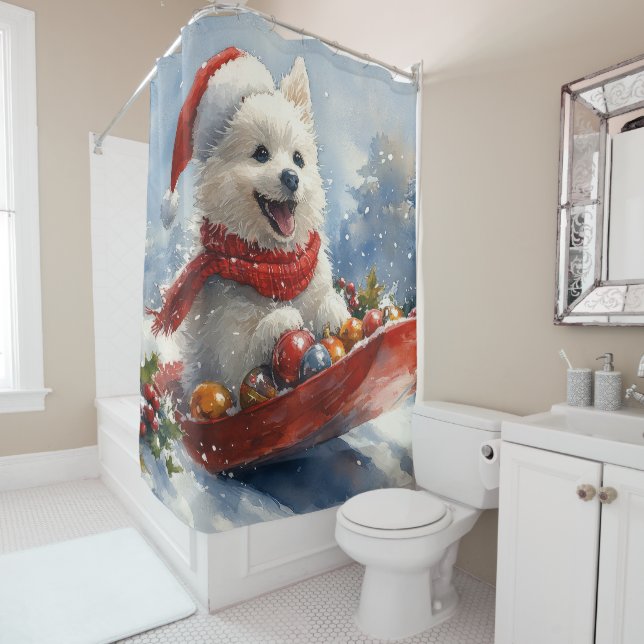 American Eskimo in Sledge Let it Snow Christmas (In Situ)