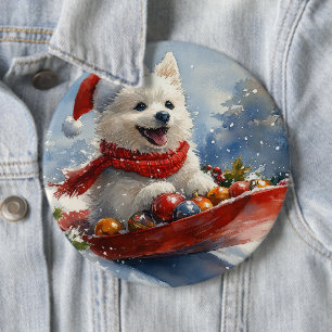 American Eskimo in Sledge Let it Snow Christmas 6 Inch Round Button