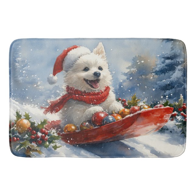 American Eskimo in Sledge Let it Snow Christmas Bath Mat (Front)