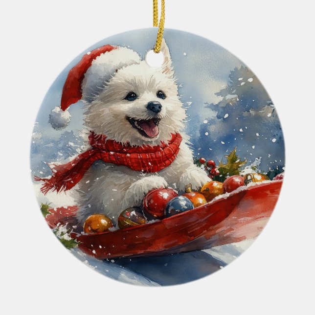 American Eskimo in Sledge Let it Snow Christmas Ceramic Ornament (Front)