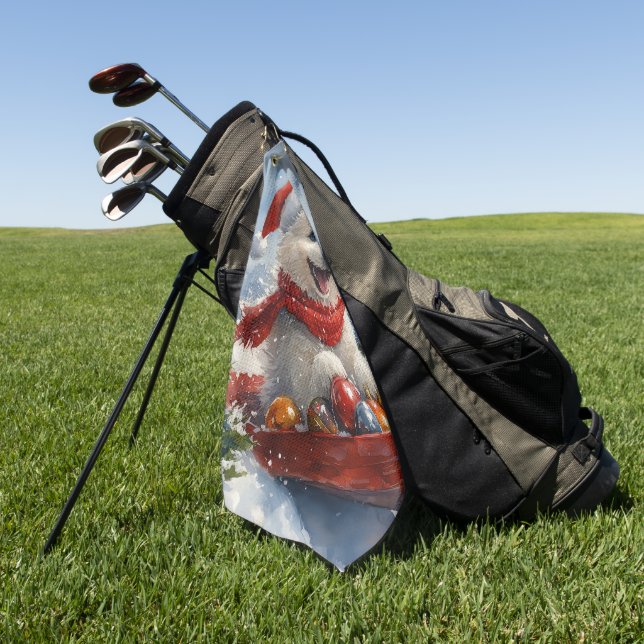 American Eskimo in Sledge Let it Snow Christmas Golf Towel (Green)