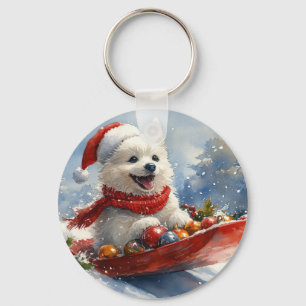 American Eskimo in Sledge Let it Snow Christmas Keychain