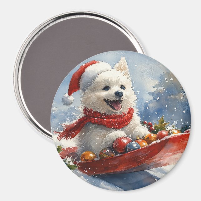 American Eskimo in Sledge Let it Snow Christmas Magnet (Front/Back)
