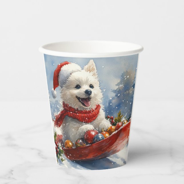 American Eskimo in Sledge Let it Snow Christmas Paper Cups (Front)