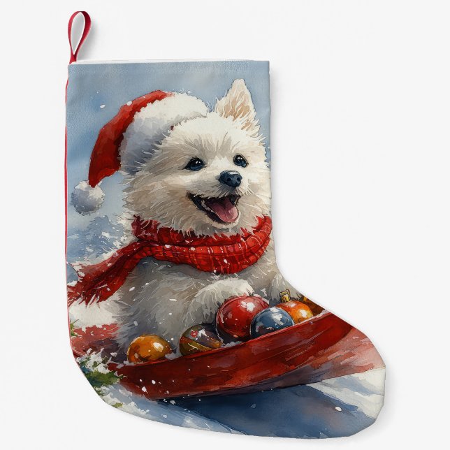 American Eskimo in Sledge Let it Snow Christmas Small Christmas Stocking (Front)
