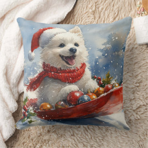 American Eskimo in Sledge Let it Snow Christmas Throw Pillow