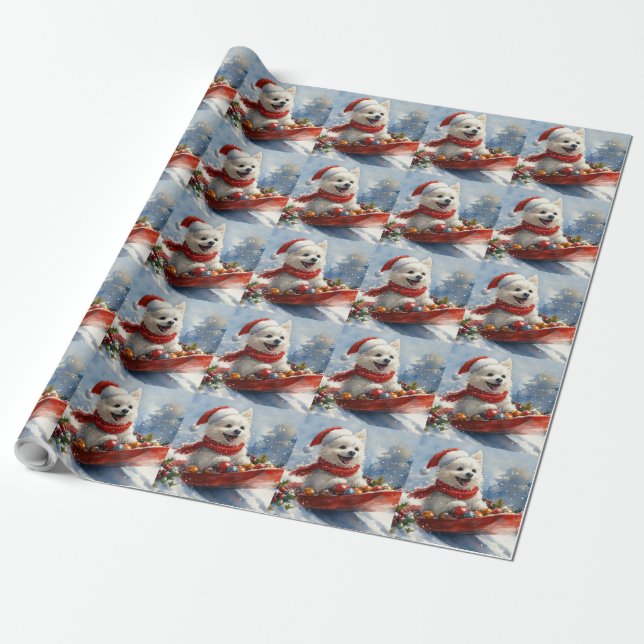 American Eskimo in Sledge Let it Snow Christmas Wrapping Paper (Unrolled)
