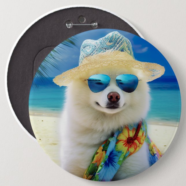 American Eskimo on Beach,summer gift for dog lover 6 Inch Round Button (Front & Back)
