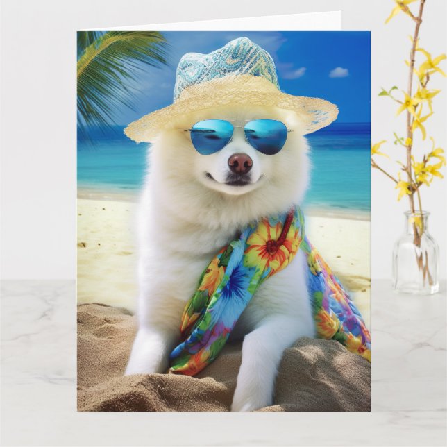 American Eskimo on Beach,summer gift for dog lover Card (Yellow Flower)