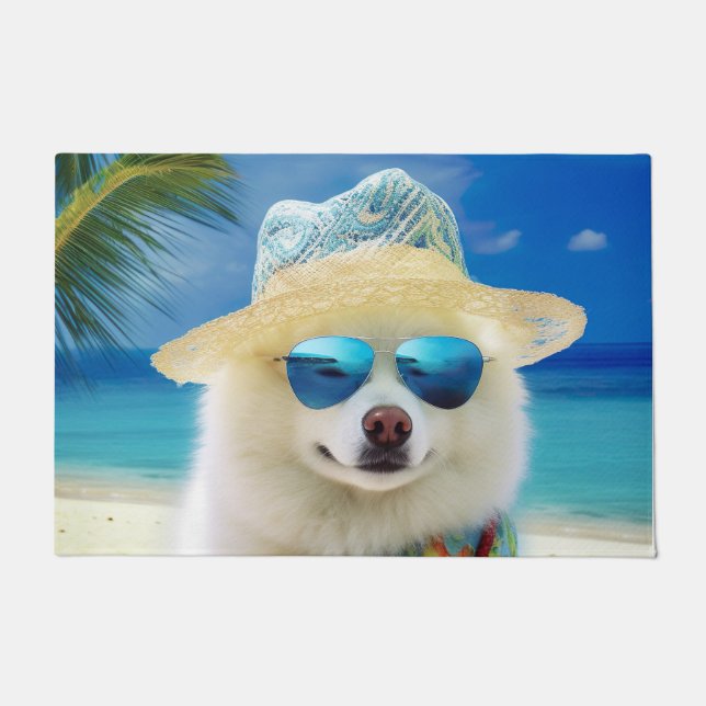 American Eskimo on Beach,summer gift for dog lover Doormat (Front)