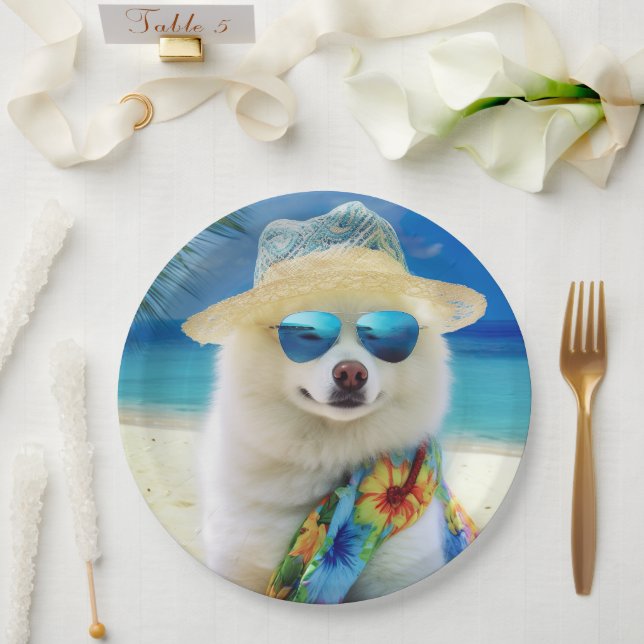 American Eskimo on Beach,summer gift for dog lover Paper Plate (Wedding)