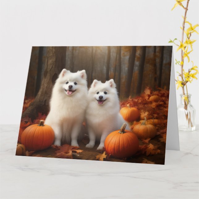 American Eskimo Puppy Autumn Delight Pumpkin Card (Yellow Flower)