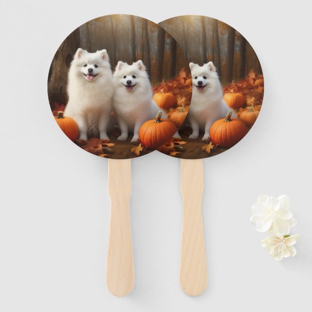 American Eskimo Puppy Autumn Delight Pumpkin Hand Fan (Front and Back)