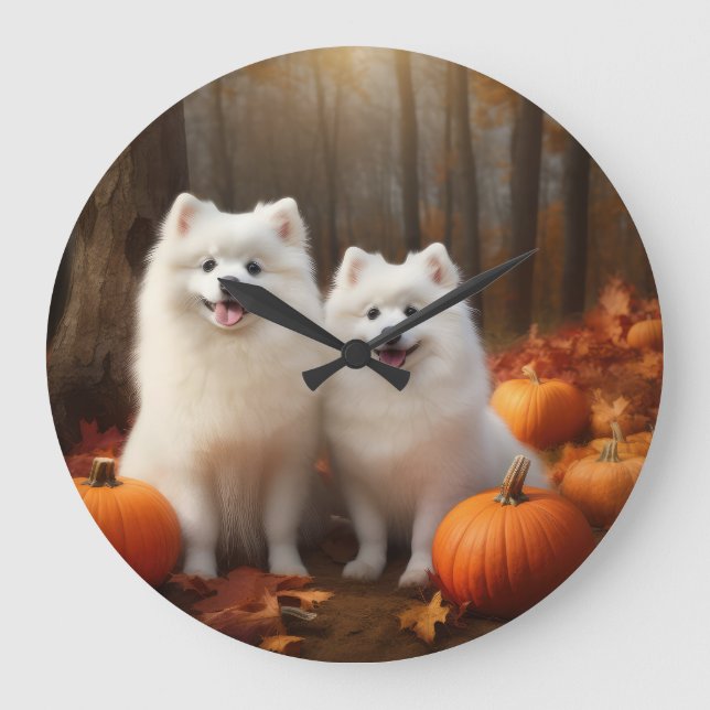 American Eskimo Puppy Autumn Delight Pumpkin Large Clock (Front)