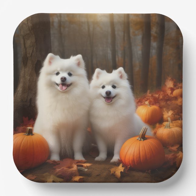 American Eskimo Puppy Autumn Delight Pumpkin Paper Plate (Front)