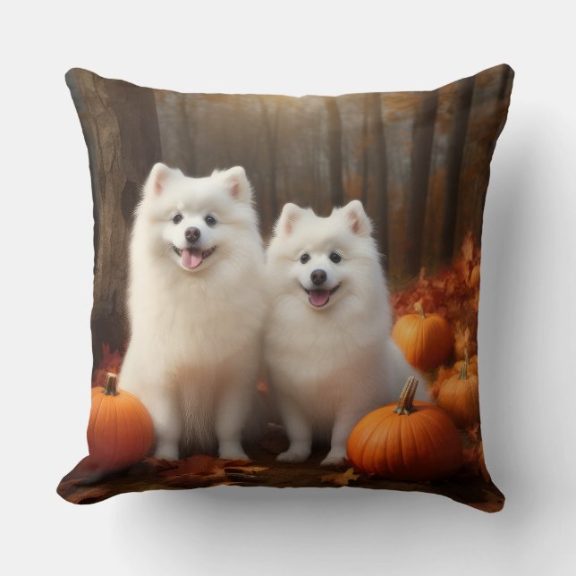 American Eskimo Puppy Autumn Delight Pumpkin Throw Pillow (Front)