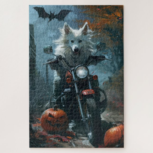 American Eskimo Riding Motorcycle Halloween Scary Jigsaw Puzzle (Vertical)