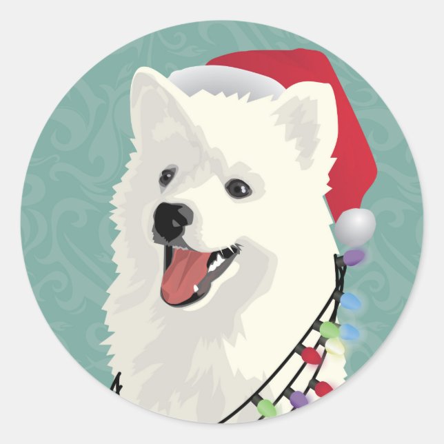 American Eskimo Samoyed Cute Puppy Dog Christmas Classic Round Sticker (Front)