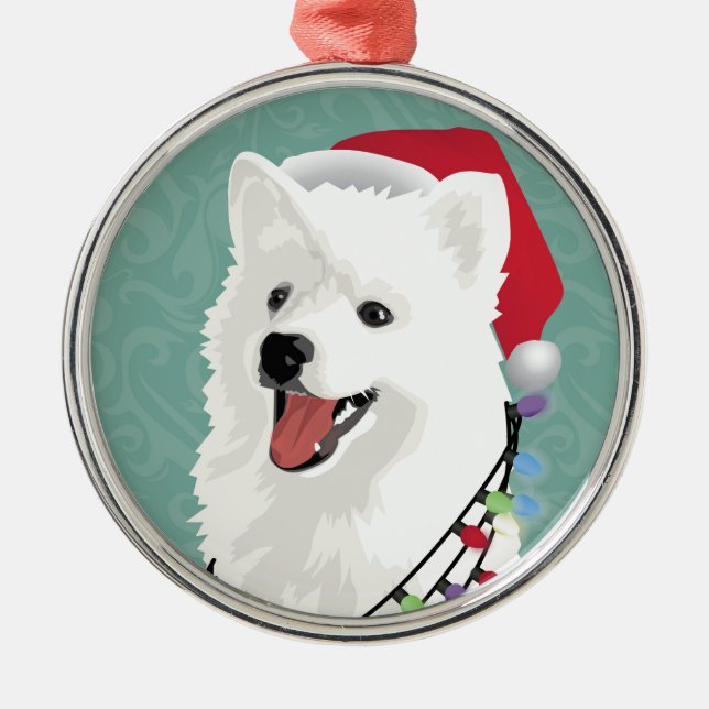 American Eskimo Samoyed Cute Puppy Dog Christmas Metal Ornament (Front)