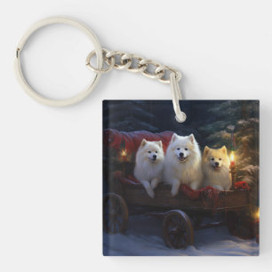 American Eskimo Snowy Sleigh Christmas Decor Keychain