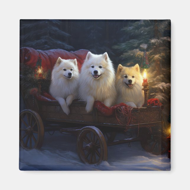 American Eskimo Snowy Sleigh Christmas Decor Magnet (Front)