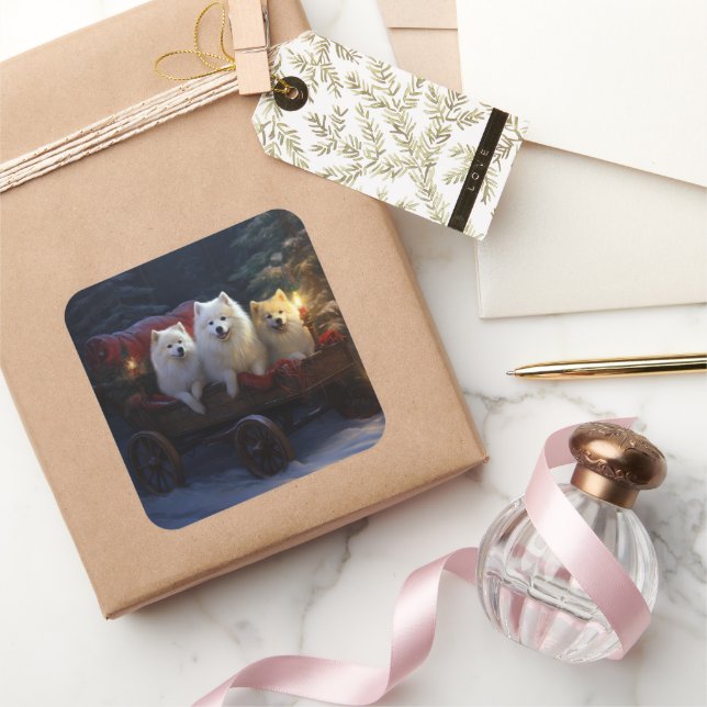 American Eskimo Snowy Sleigh Christmas Decor Square Sticker (Gifting)