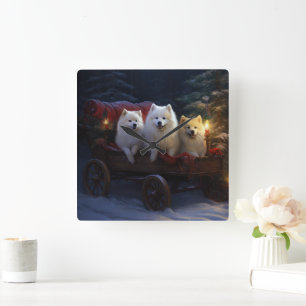 American Eskimo Snowy Sleigh Christmas Decor Square Wall Clock