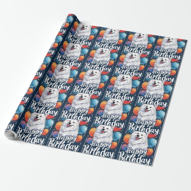 American Eskimo with Balloons Birthday Wrapping Paper (Unrolled)